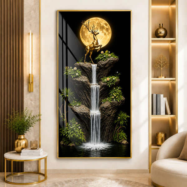 Golden Deer Waterfall Premium Acrylic Wall Art