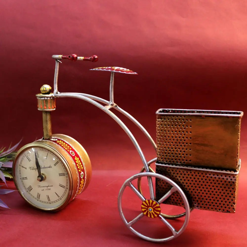 Iron Painted Cycle Pen Stand with Clock WINNKRAFT