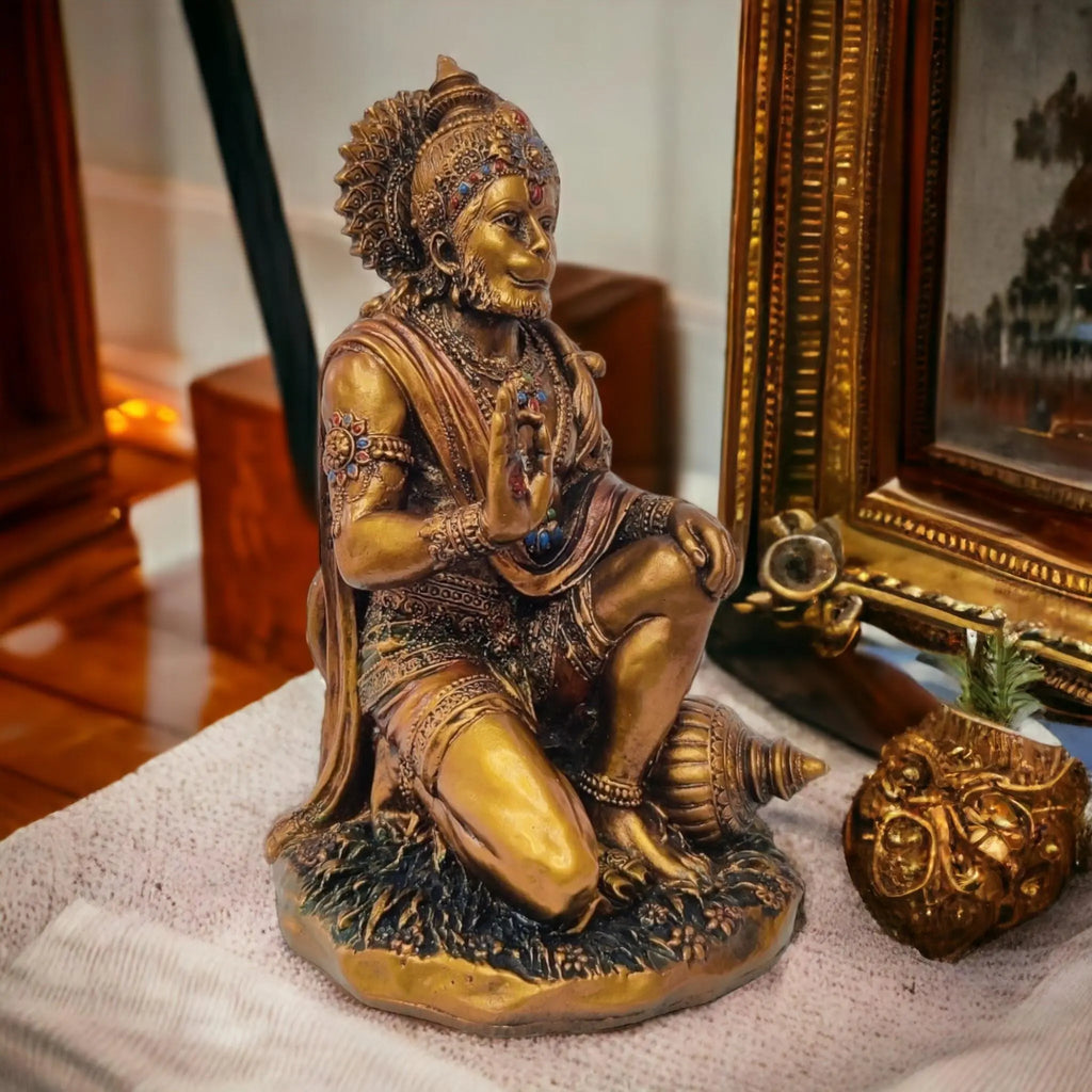 Resin Brass Finish Hanumanji Statue - Divine Sitting Posture - 17.5 x 10 x 10 cm WINNKRAFT