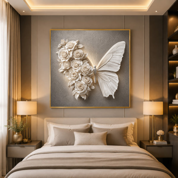White Butterfly & Roses Premium Leatherite Wall Art