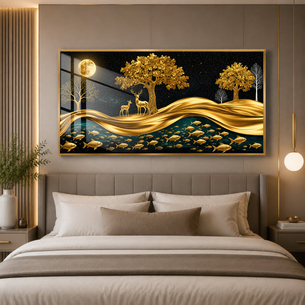 Golden Deer & Golden Waves Premium Acrylic Wall Art