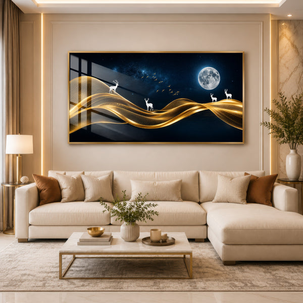 Golden Waves & Deer Premium Acrylic Wall Art