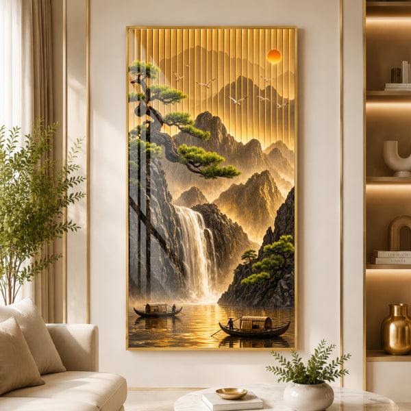 Golden Waterfall Landscape Premium Acrylic Wall Art